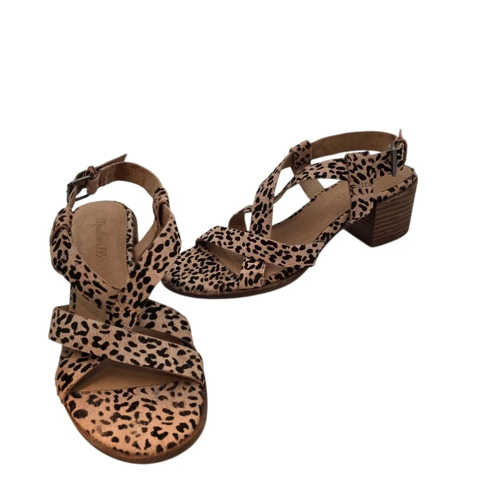 Madewell The Lori Leopard Calf Hair Sandals 7.5 Strappy‎ Block Heel Womens AH730